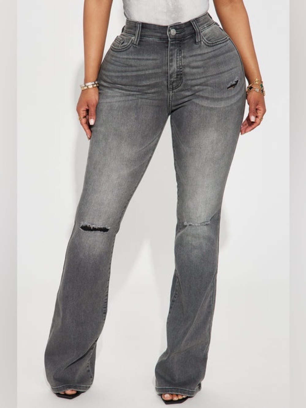 Fashion nova gray distressed high waisted flare jeans size 7